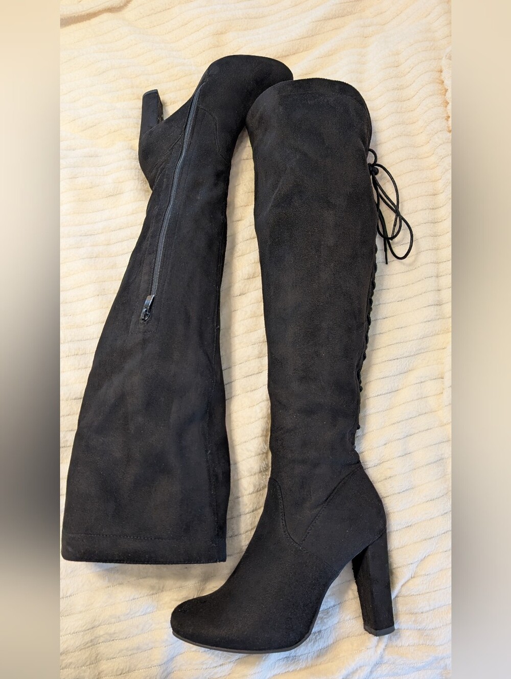 TOP Moda Black Over-the-Knee Lace-Back Suede Boots